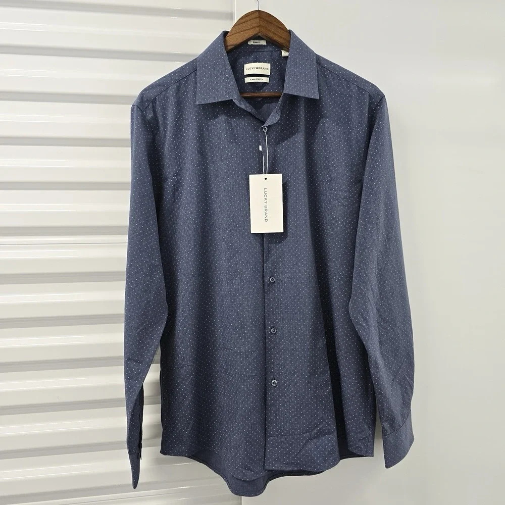 NWT Lucky Brand Mens Large 16-16.5 32/33 Blue Slim Fit 4 Way Stretch Shirt